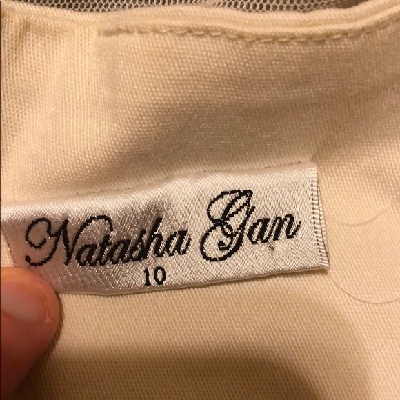 Cream and blue cocktail evening dress. - Picture 3 of 5